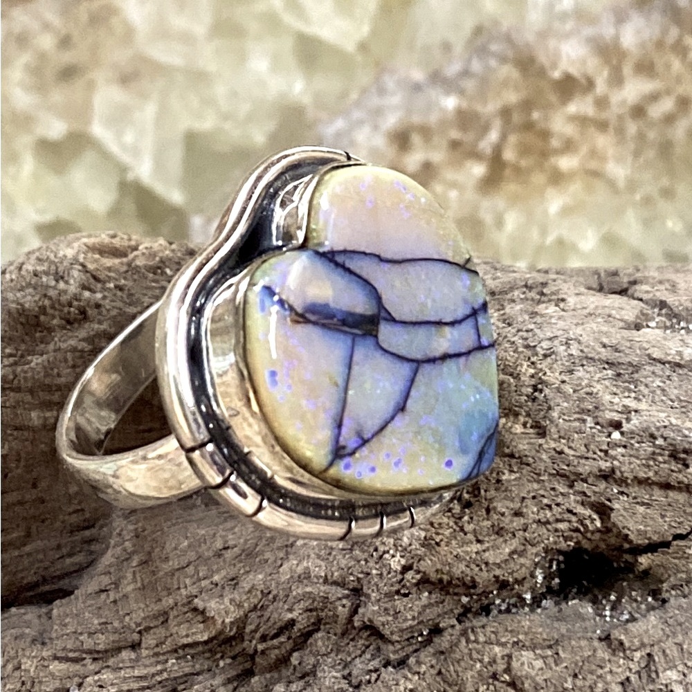 Gemstone Heart Ring, Monarch Opal, .925 stamped Sterling Silver overlay. Unique